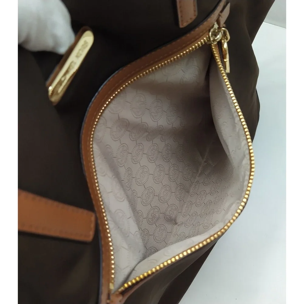 Michael Kors Brown Nylon Leather Trim Double Handles Tote Shoulder Bag